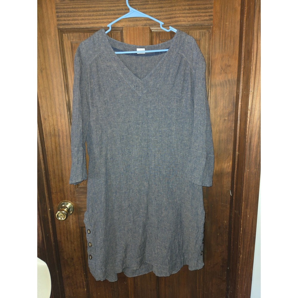 Poetry Blue Linen Cotton V-Neck Tunic Dress Side Button Detail VR78 Womens US 18